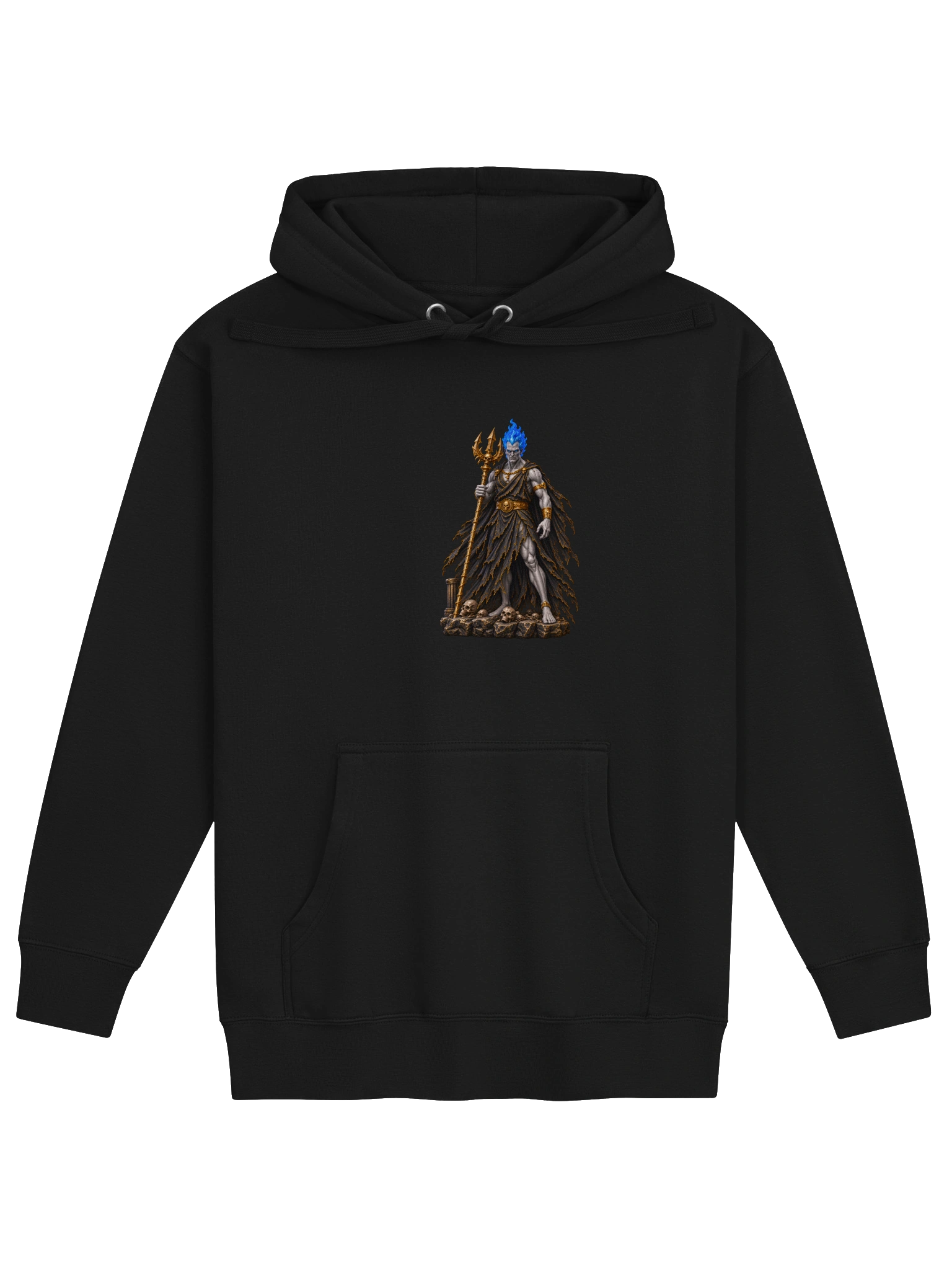 Hades Black Hoodie, front with Hades artwork and Deluxe Delusions branding