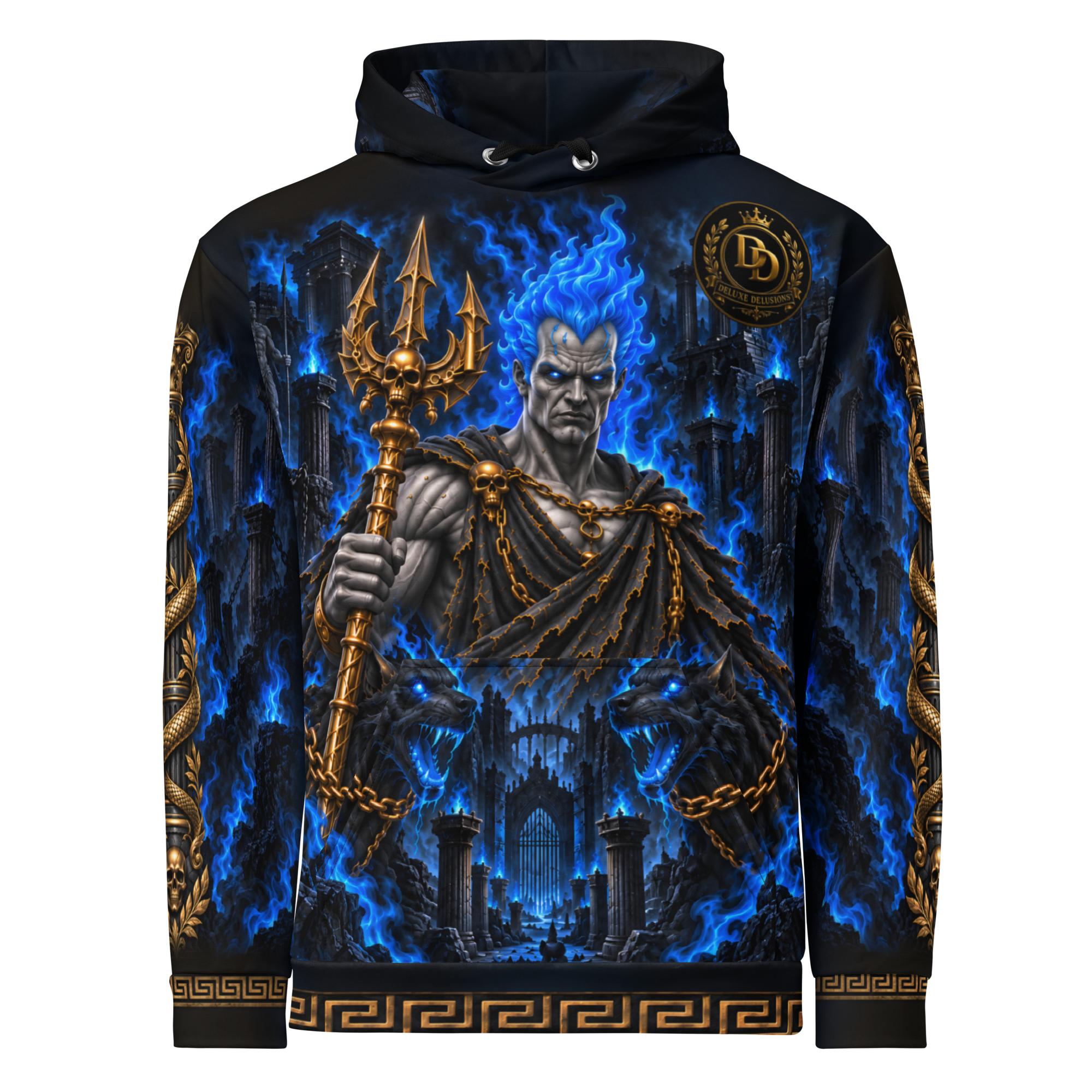 Hades All-Over Hoodie, front with Hades artwork and Deluxe Delusions branding