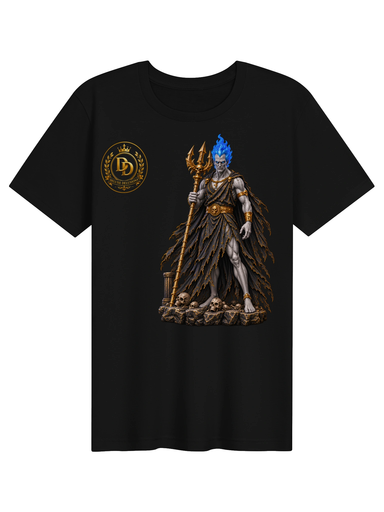 Hades T-shirt, front with Hades artwork and Deluxe Delusions branding