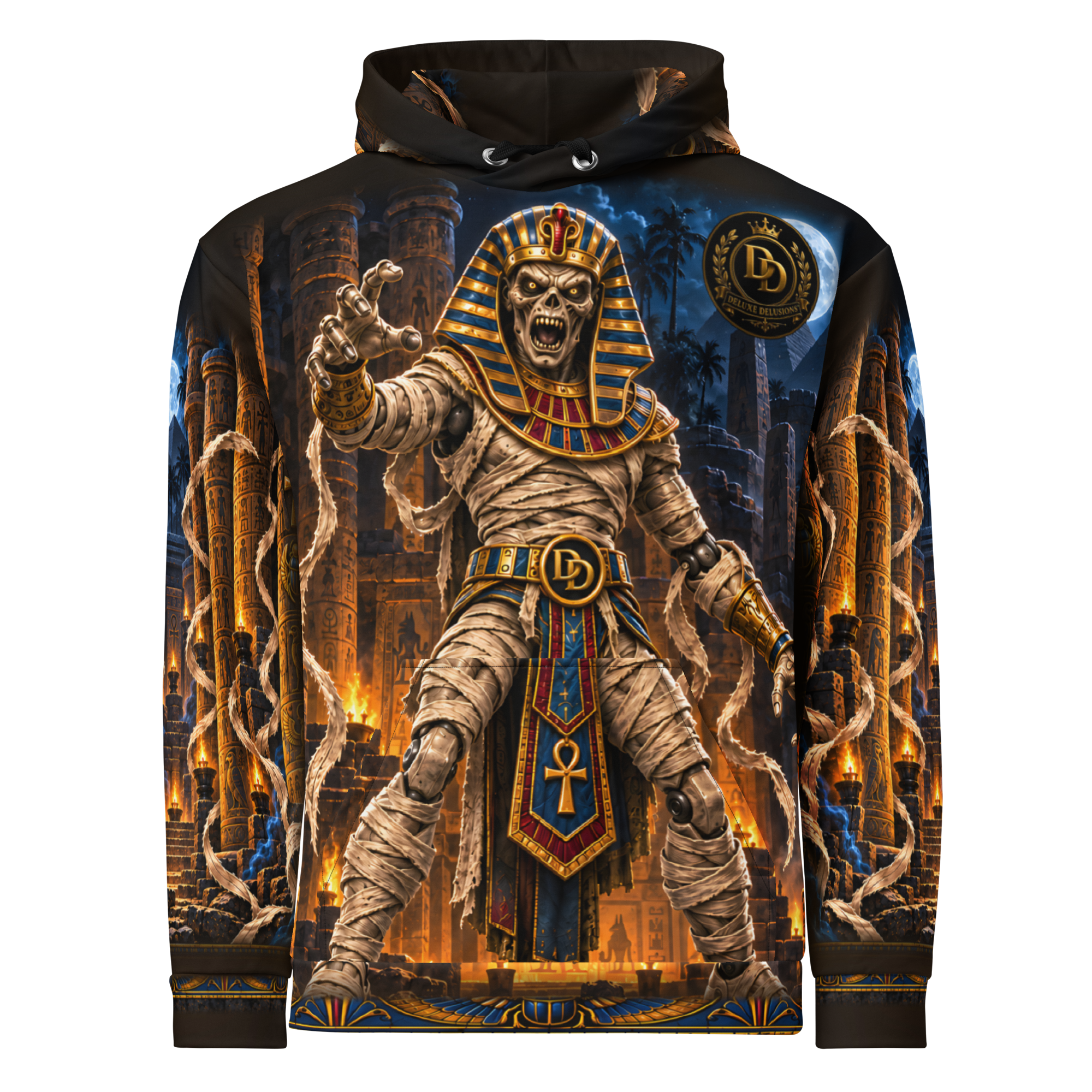Fourthwall mockup of The Mummy all-over-print hoodie