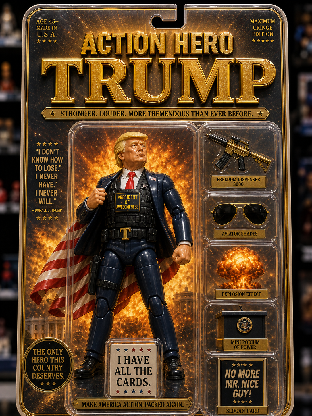 Action Hero Trump parody toy packaging