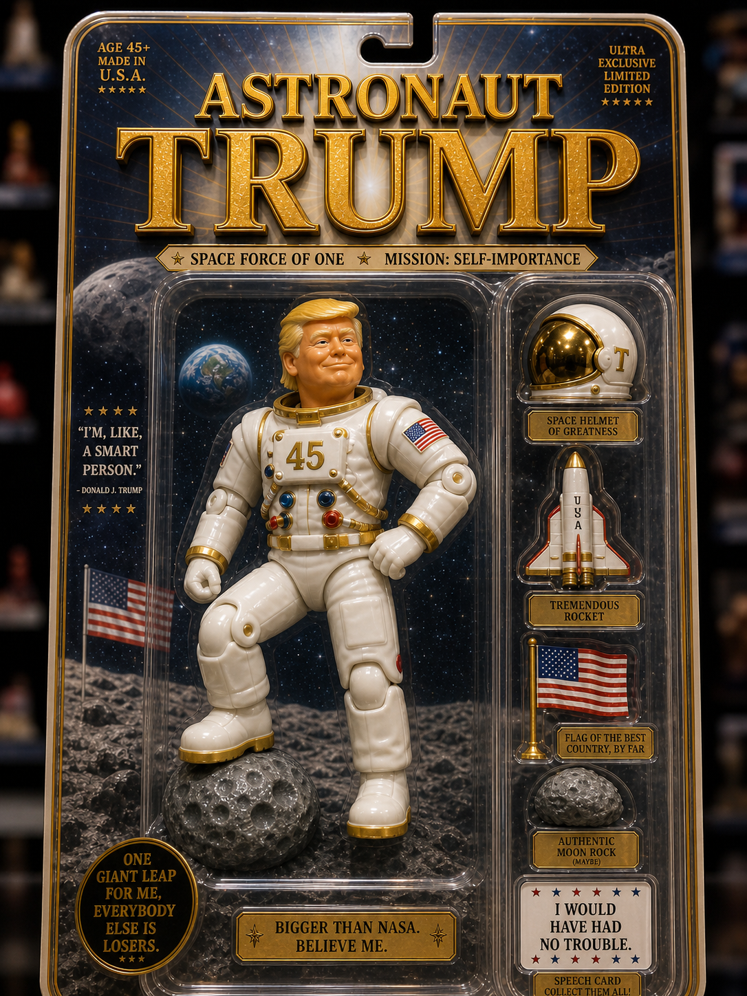 Astronaut Trump parody toy packaging