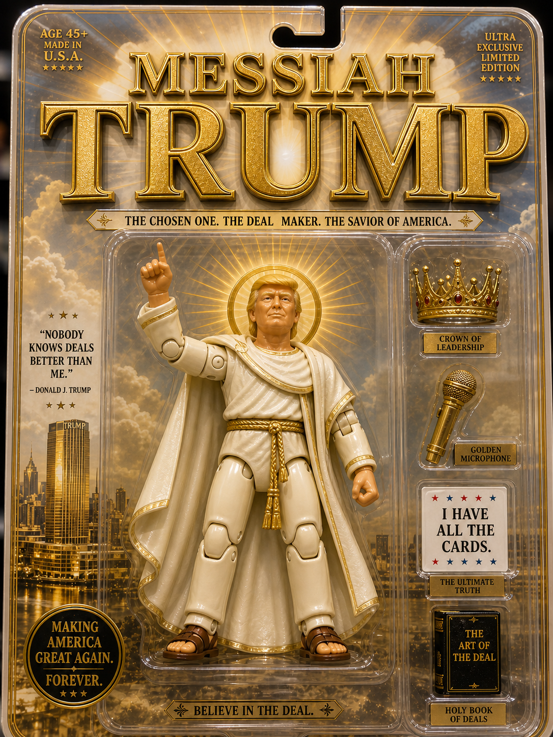 Messiah Trump parody toy packaging